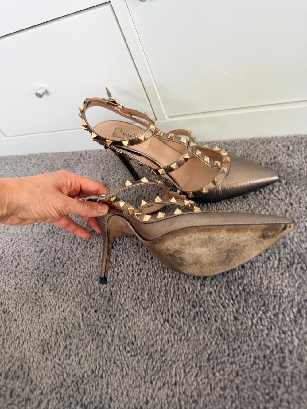 Valentino Bronze Metallic Pointed-Toe Rockstud Slingback Heels